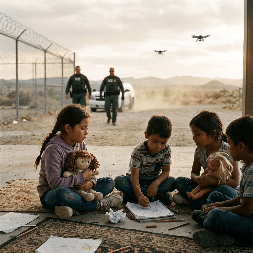 Children with dolls, pencils; drones, ICE agents distant